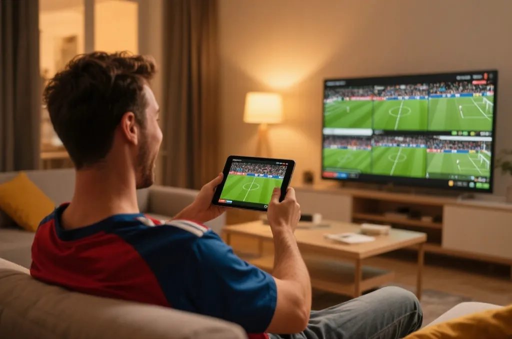 A fan looking at a tablet displaying a multi-angle soccer match stream in a cozy living room