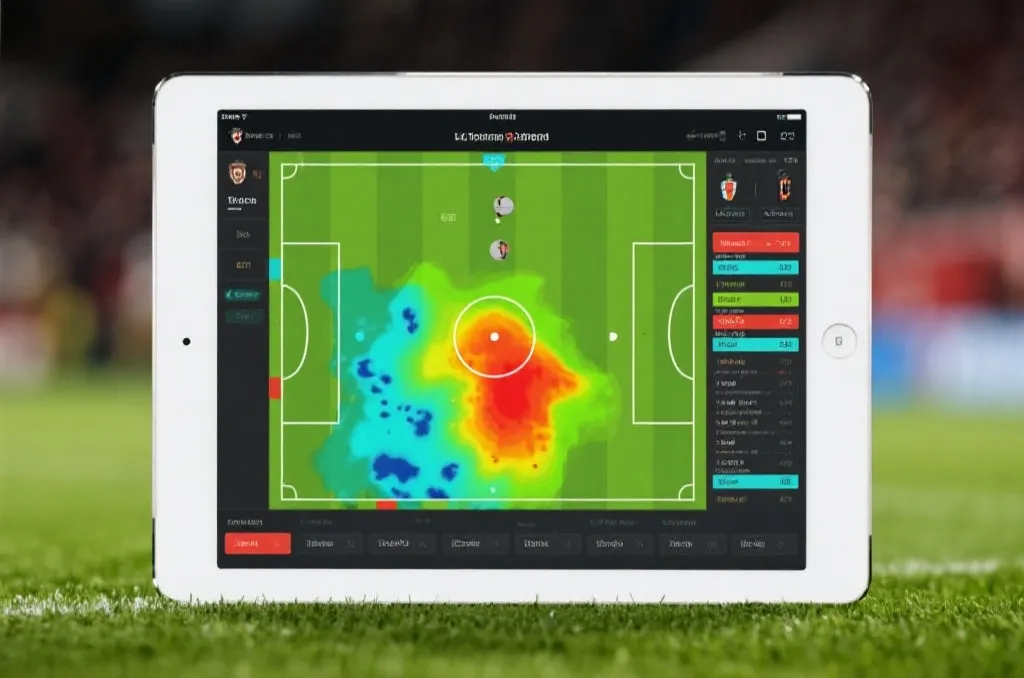 A tablet displaying soccer tactical field analysis with heatmaps and historical head-to-head match records